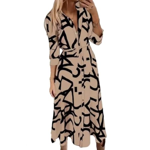 YUEZHAN Hübsche Kleid Kleider Dress Damen Kleid Revers Einreiher Lose Saum Schnürung Kleid Tight Taille Langarm Bedrucktes Kleid Mittel Wade Länge L Beige von YUEZHAN