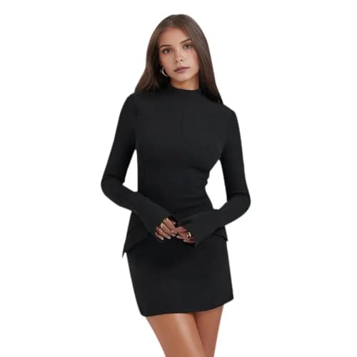 YUEZHAN Hübsche Kleid Kleider Dress Damen Kleid Slim Fit Kleid Stand Kragen Dekor Lang Ärmelige Mini Kleid S Schwarz von YUEZHAN