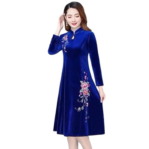 YUEZHAN Hübsche Kleid Kleider Dress Damen Kleid Stand Kragen Langarm Kleid Blume Stickerei A-Linie Warme Dicke Dame Prom Party XL Blau von YUEZHAN