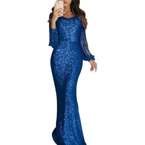 YUEZHAN Hübsche Kleid Kleider Dress Damen V-Ausschnitt Lang Geschlafen Quaste Kleid Tasche Hüft Kleid Langes Kleid Abendkleid S Blau von YUEZHAN