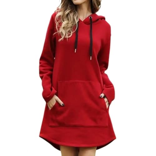 YUEZHAN Hübsche Kleid Kleider Dress Elegantes Kleid Mit Kapuzen Und Langen Ärmeln Großer Taschen-Kordel Zug Über Dem Knie Einfarbig Dickes Mini Kleid Locker 3XL Rot von YUEZHAN