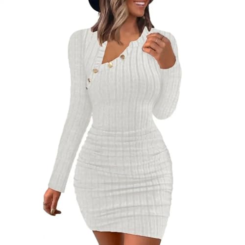 YUEZHAN Hübsche Kleid Kleider Dress Frauen Kleid Dünn Elastisches Langärmliges Kleid Gestreifte Scheide Schlank Fit Pullover Über Knielang Mini Kleid XL Weiß von YUEZHAN