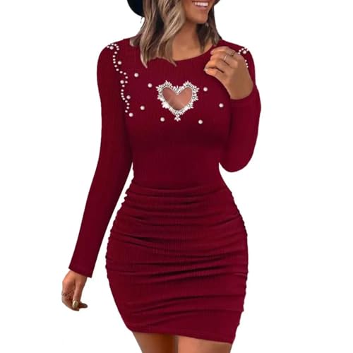 YUEZHAN Hübsche Kleid Kleider Dress Frauen Kleid Hohles Dekor Strickkleid Skinny Scheide Elastisch Weich Über Dem Knie Mini Kleid M Rot von YUEZHAN