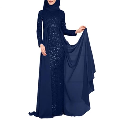 YUEZHAN Hübsche Kleid Kleider Dress Frauen Kleid Mit O-Ausschnitt Langarm Mit Hoher Taille Garn Das Damen Kleid Elegant Glänzende Pailletten Party Damen Kleid M Dunkelblau von YUEZHAN