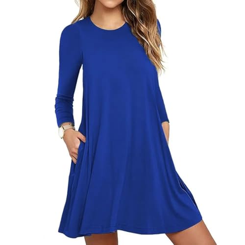 YUEZHAN Hübsche Kleid Kleider Dress Frauen Kleid Rundhals A-Linie Big Sem Langarm Lady Weiches Kleid Lose Weich Atmungsaktiv Über Knie Länge Lady Kleid 3XL Blau von YUEZHAN