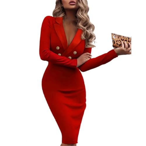 YUEZHAN Hübsche Kleid Kleider Dress Frauen Kleid Schlank Bodycon Zweireihiges Party Kleid Für Bankett Kleider Lange Ärmel XL Rot von YUEZHAN