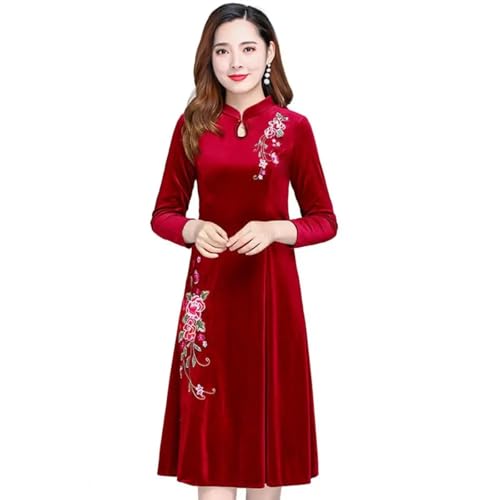 YUEZHAN Hübsche Kleid Kleider Dress Frauen Kleid Stand Kragen Langarm Kleid Blume Stickerei A-Linie Warme Dicke Dame Prom Party 4XL Rot von YUEZHAN