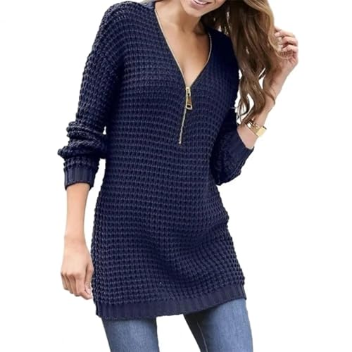 YUEZHAN Hübsche Kleid Kleider Dress Frauen Pullover Kleid Mit Reiß Verschluss V-Ausschnitt Slim Fit Pullover Lang Ärmel Ige Weiche Dame Gestrickte Mittellange Mini Kleid 2XL Navyblue von YUEZHAN