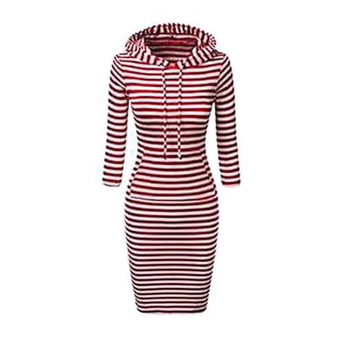 YUEZHAN Hübsche Kleid Kleider Dress Kleid Mit Kordel Zug Lange Ärmel Taille Eng Sweatshirt Kleid Frauen Gestreift Print Schlank Kapuzen Kleid M Rot von YUEZHAN