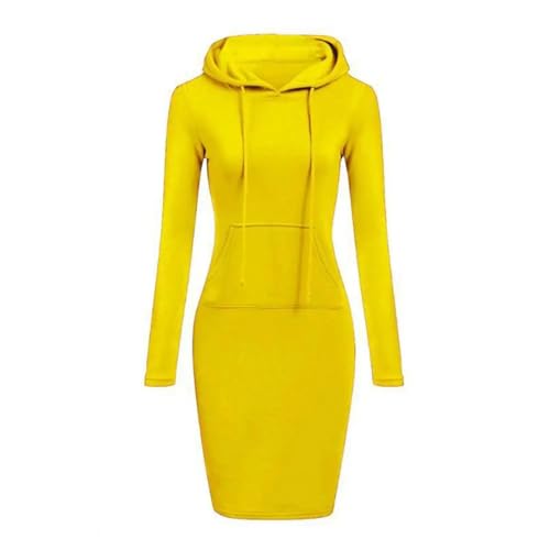 YUEZHAN Hübsche Kleid Kleider Dress Kleid Mit Kordel Zug Lange Ärmel Taille Eng Sweatshirt Kleid Frauen Gestreift Print Schlankes Kapuzen Kleid 2XL Gelb von YUEZHAN