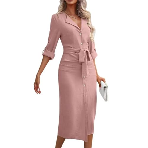 YUEZHAN Hübsche Kleid Kleider Dress Kleid Mit Umklapptem Kragen Mit Schnürung Und Taille Einreihig Lang Ärmelig Geteiltes Saum-Büro Kleid L Rosa von YUEZHAN