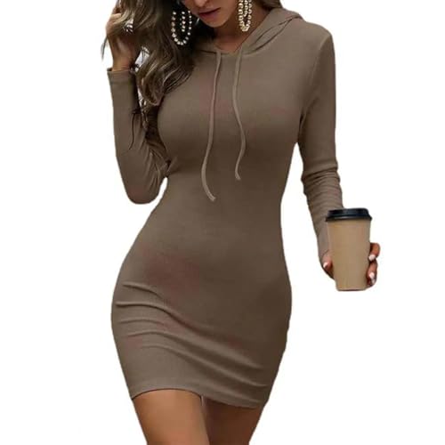 YUEZHAN Hübsche Kleid Kleider Dress Lady Kleid Einfarbige Kapuze Slim Enge Taille Mini Kleid Sexy Kordelzug Lange Scheide Kleid Für Tägliche Tragen S Braun von YUEZHAN