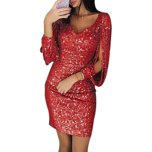 YUEZHAN Hübsche Kleid Kleider Dress Party Kleid Frauen Glitter V-Ausschnitt Hohl Aus Quaste Langarm Bodycon Mini Kleid Kleid Damen Party Bodycon Kleider M Rot von YUEZHAN