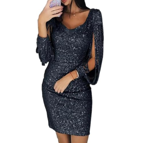 YUEZHAN Hübsche Kleid Kleider Dress Party Kleid Frauen Glitter V-Ausschnitt Hohl Aus Quaste Langarm Bodycon Mini Kleid Kleid Damen Party Bodycon Kleider S Schwarz von YUEZHAN