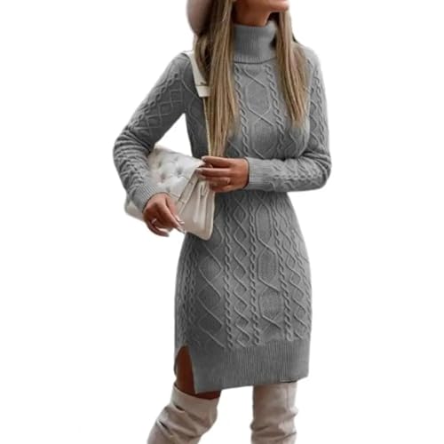 YUEZHAN Hübsche Kleid Kleider Dress Pullover Kleid Mit Hohem Kragen Hals Saum Kurzes Kleid Mit Langen Ärmeln Gestricktes Mini Kleid L Grau von YUEZHAN