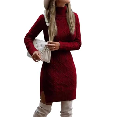 YUEZHAN Hübsche Kleid Kleider Dress Pullover Kleid Mit Hohem Kragen Hals Saum Kurzes Kleid Mit Langen Ärmeln Gestricktes Mini Kleid XXL WineRed von YUEZHAN