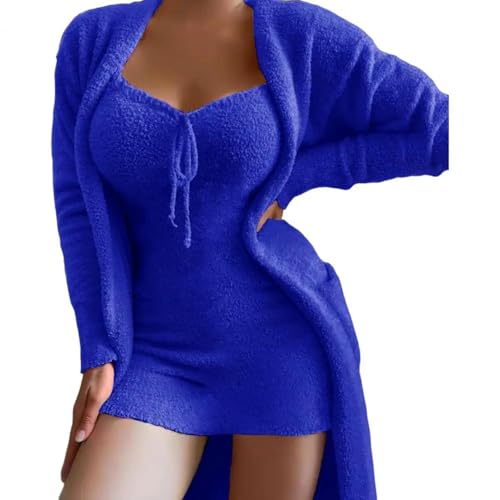 YUEZHAN Hübsche Kleid Kleider Dress Schnürsenkel-Kleid-Jacke Damen-Pyjama-Set Mit Rücken Losem Nachtkleid Lange Strickjacke S Dunkelblau von YUEZHAN