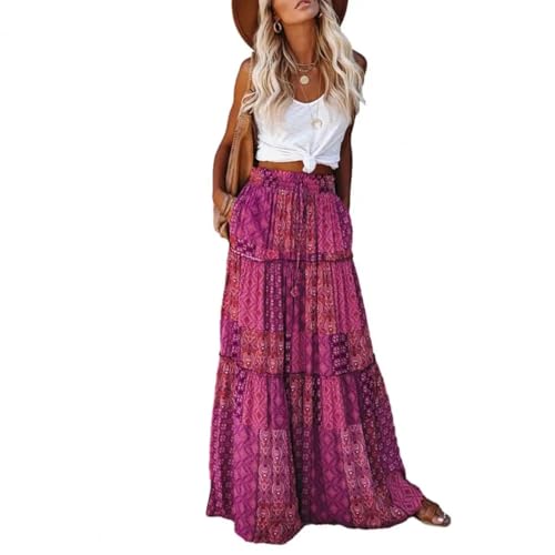 YUEZHAN Hübscher Rock Bleistiftrock Damen Bohemian Rock Boho Ethnischer Druck Maxi Rock Elastische Taille Patchwork Detail Vintage Urlaub Rock Für Frauen M Lila von YUEZHAN