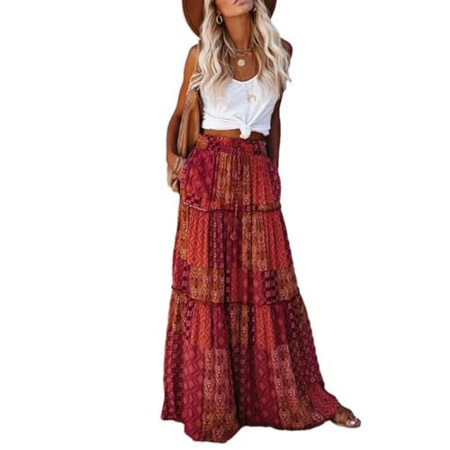 YUEZHAN Hübscher Rock Bleistiftrock Damen Bohemian Rock Boho Ethnischer Druck Maxi Rock Elastische Taille Patchwork Detail Vintage Urlaub Rock Für Frauen XL Rot von YUEZHAN