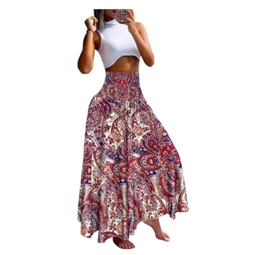 YUEZHAN Hübscher Rock Bleistiftrock Damen Damen Maxi Rock Mit Hoher Taille Breite Elastische Taille Retro-Bedruckter Rock Loose Fit Langer Rock Streetwear XL Rot von YUEZHAN