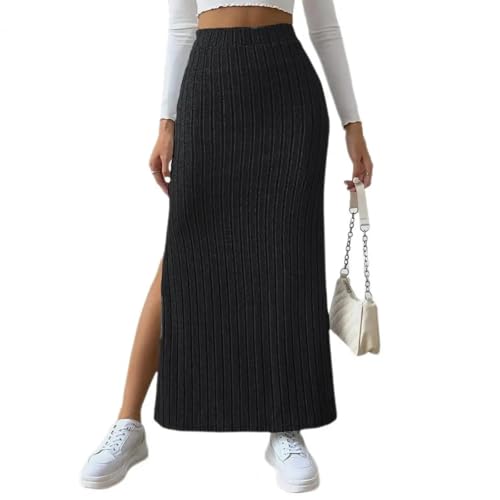 YUEZHAN Hübscher Rock Bleistiftrock Damen Elegante Frauen Maxi Gerippt Rock Hohe Taille Seite Schlitz Strickrock Schlank Langer Rock XL Schwarz von YUEZHAN