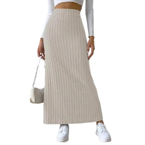 YUEZHAN Hübscher Rock Bleistiftrock Damen Elegante Frauen Maxi Gerippte Rock Hohe Taille Seite Schlitz Strickrock Schlank Langer Rock M Aprikose von YUEZHAN