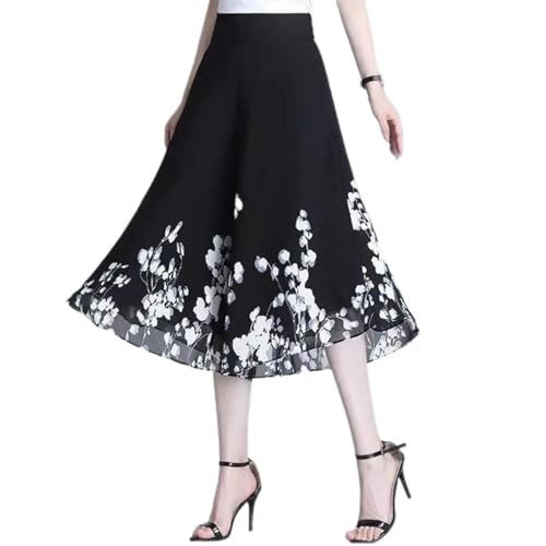 YUEZHAN Hübscher Rock Bleistiftrock Damen Elegante Frauen Rock Blumen Druck Chiffon Culottes Damen Hohe Taille Weite Bein Rock Hose Lässig Lose Fit Dünne Hose L Weiß von YUEZHAN