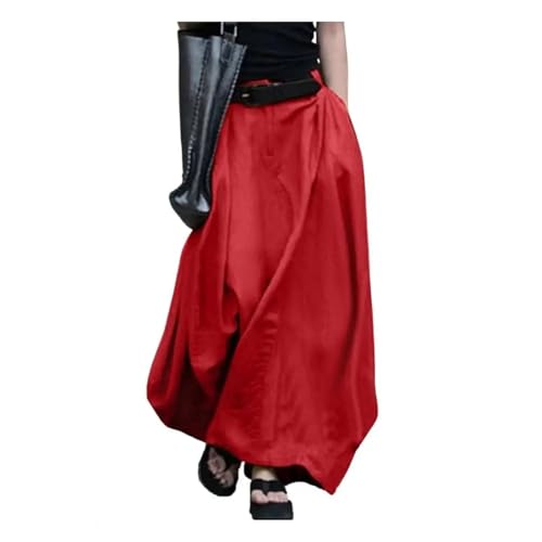 YUEZHAN Hübscher Rock Bleistiftrock Damen Frauen Rock Elastisch Hohe Taille Knopf Reiß Verschluss Langer Rock A-Linie Einfarbig Groß Saum Lange Rock Kleid M Rot von YUEZHAN