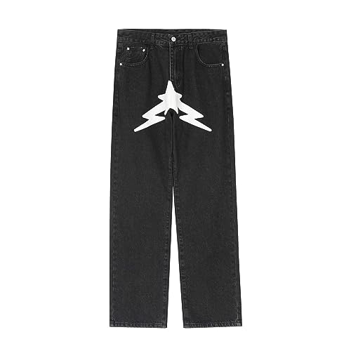 YUEZHAN Jeans Pantalon High-Street-Bedruckte Jeans Für Herren Trendige Street-Jeans Mit Weitem Bein Lässige Gerade Hose XL Schwarz von YUEZHAN