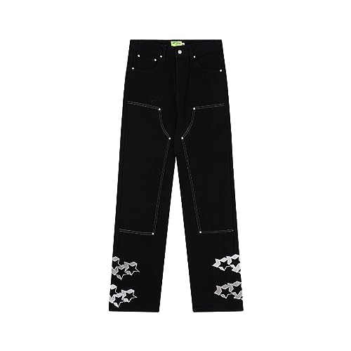 YUEZHAN Jeans Pantalon High Street Collage Willow Stitch Bestickte Jeans Für Männer Und Frauen Trendige Lockere Weite Beine Lässige Lange Hosen L Schwarz von YUEZHAN