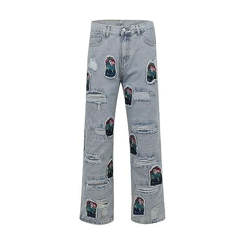 YUEZHAN Jeans Pantalon High Street Vintage Patch Stickerei Getragene Daunenjeans Herren Und Damen Trendige Lockere Hose Mit Weitem Bein L Blau von YUEZHAN