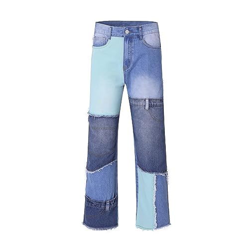 YUEZHAN Jeans Pantalon High Street Washed Old Patch Farblich Passende Jeans Für Männer Und Frauen Trendige Lockere Weite Hosen Lange Hosen XXL Blau von YUEZHAN