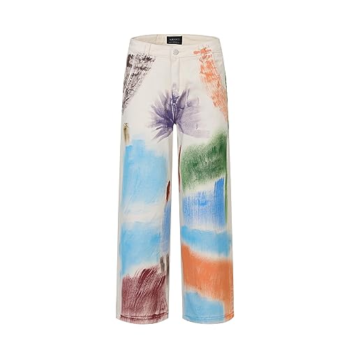 YUEZHAN Jeans Pantalon Mehrfarbige Graffiti-Jeans Für Männer Und Frauen Trendige Locker Sitzende Hose Mit Weitem Bein Und Geradem Bein L Aprikose von YUEZHAN