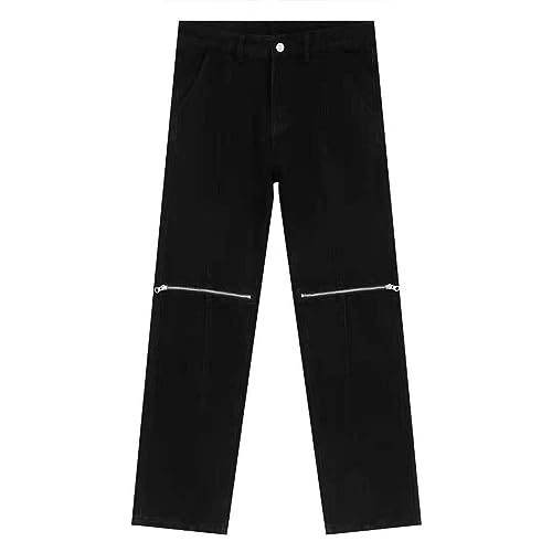 YUEZHAN Jeans Pantalon Modische Denim-Hip-Hop-Knie-Reißverschlussjeans Mit Trendiger Beinlänge Und Hübscher Hose Mit Geradem Bein L In Schwarz von YUEZHAN