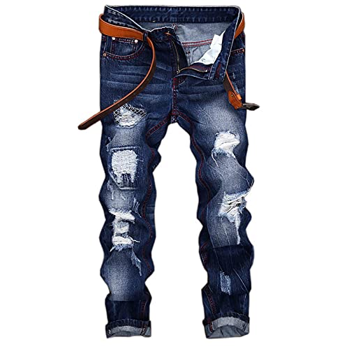 YUEZHAN Jeans Pantalon Modische Jeans Für Herren Mit Eingerissenen Löchern Trendige Straight-Jeans Für Herren Mit Abgewetzter Herrenbekleidung 38 Blau von YUEZHAN