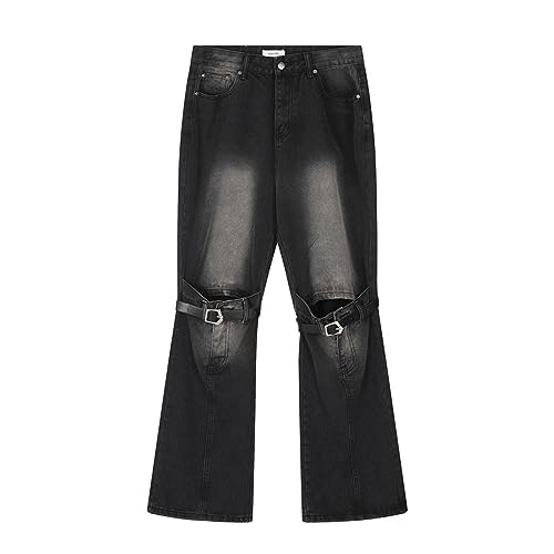 YUEZHAN Jeans Pantalon Modische Retro-Jeans Mit Gewaschenem Knie Und Dreidimensionalen Nähten Für Männer Und Frauen Mit Geraden Ärmeln Und Micro-Schlaghose S In Schwarz von YUEZHAN