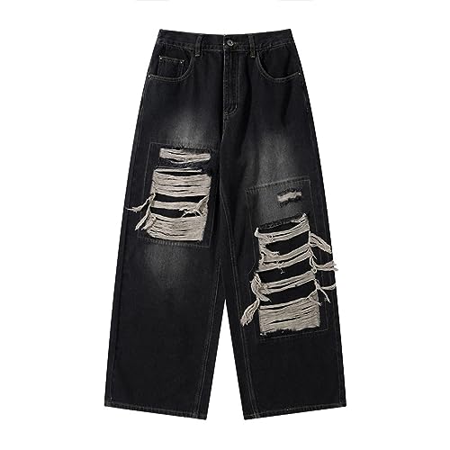 YUEZHAN Jeans Pantalon Modischer Retro-Patch Mit Zerrissenem Loch-Design Nischenjeans Personalisierte Locker Sitzende Gerade Hose Für Herren Und Damen XL Schwarz von YUEZHAN