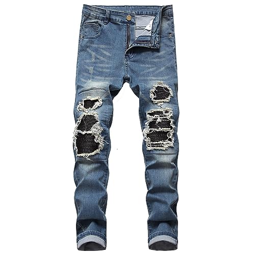 YUEZHAN Jeans Pantalon Modisches Loch Schwarz Feng Schmal Geschnittene Jeans Mit Kleinem Bein Herren Elastische Herrenhose 28 Blau von YUEZHAN