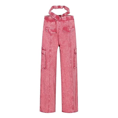 YUEZHAN Jeans Pantalon Multi-Pocket-Elastikbund-Nischen-Denim-Workwear-Hose Für Herren Und Damen Trendige Hose Mit Weitem Bein Und Knöchel-Kordelzug S Rosa von YUEZHAN