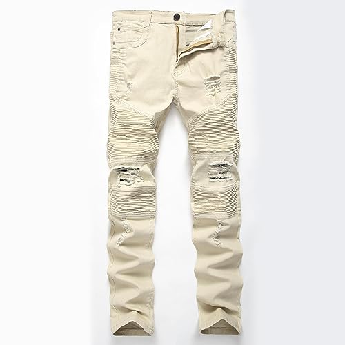 YUEZHAN Jeans Pantalon Street-Trend-Motorrad-Männer-Leggings Mit Personalisierter Plissierter Schmaler Passform Und Elastischen Löchern Trendige Jeans 30 4030 Hellweißes Khaki von YUEZHAN