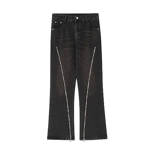 YUEZHAN Jeans Pantalon Trendige Retro-Street-Washed-Vintage-Jeans Mit Kontrastierendem Reißverschluss Für Herren Trendige Lockere Lässige Hose Mit Geradem Bein Und Weitem Bein S Schwarz von YUEZHAN