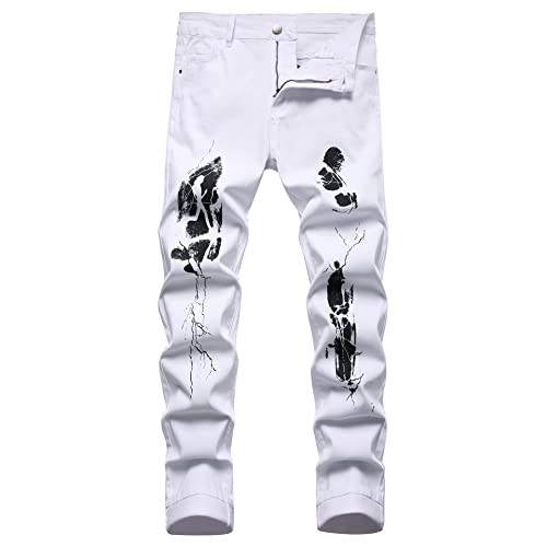 YUEZHAN Jeans Pantalon White Beauty Running Printing Denim-Hose Für Herren Elastisch Farbdruck Blinkendes Muster 28 Weiß von YUEZHAN