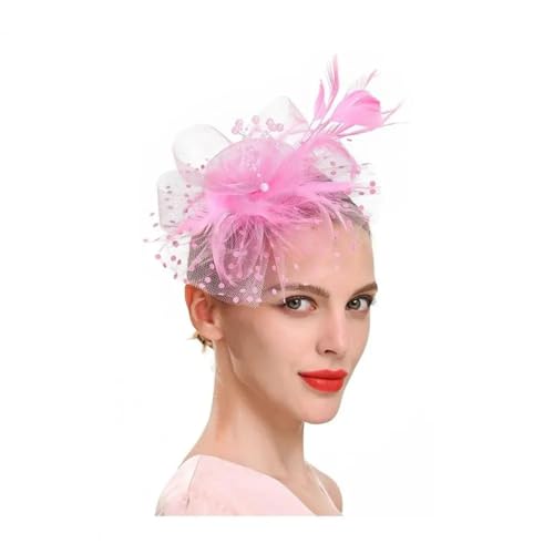 YUEZHAN Stirnband Haarband Damen Fascinators Hut Mit Mesh-Blume Faux Pearl Feder Dekor Kopfstück Tea Party Kopf Bedeckung Clip Retro Hair Hoop Party Stirnband Pink von YUEZHAN