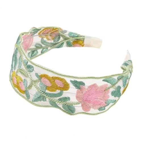 YUEZHAN Stirnband Haarband Damen Mesh Garn Breites Stirnband Retro Stickerei Blumen Muster Haar Reifen Weich Elastisch Haarband Haar Wickel Zubehör Grün von YUEZHAN