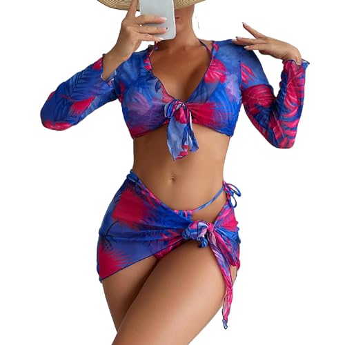 YUHANGCIYE 4-teiliges Badeanzüge für Damen, Bikinis-Set, Blumendruck, Bademode mit Überzug und Strandrock, Badeanzüge von YUHANGCIYE