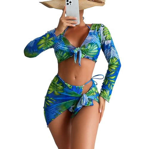 YUHANGCIYE 4-teiliges Badeanzüge für Damen, Bikinis-Set, Blumendruck, Bademode mit Überzug und Strandrock, Badeanzüge von YUHANGCIYE