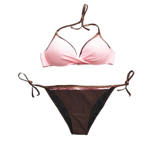 YUHNPSZE Damen-Bikini-Set Modische Neck Bikini Anzug Strand Niedrige Taille Split Badeanzug Sommer Strand Tragen-Rosa-L von YUHNPSZE