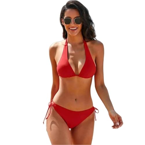 YUHNPSZE Damen-Bikini-Set Modischer Einfarbiger Neckholder Badeanzug, Sommer Strand Split Bikini Set Strappy Bikini-Rot-M von YUHNPSZE