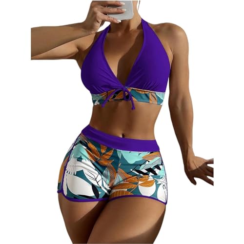YUHNPSZE Damen-Bikini-Set Printed Strappy Neckholder Split Badeanzug, High-Waisted Shorts Bikini Set, Strand Badeanzug-Druck16-L von YUHNPSZE