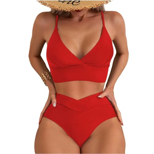YUHNPSZE Damen-Bikini-Set Retro Einfarbige Cross V-Ausschnitt Badeanzug, Modischer High-Waisted Bikini Anzug-Rot-M von YUHNPSZE